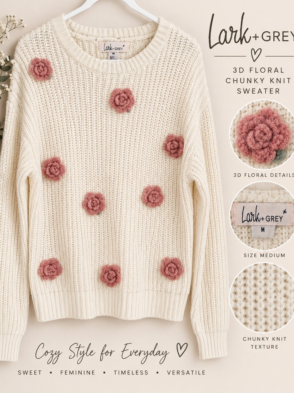 Lark + Grey Cream Chunky Knit 3D Rose Floral Sweater Size M